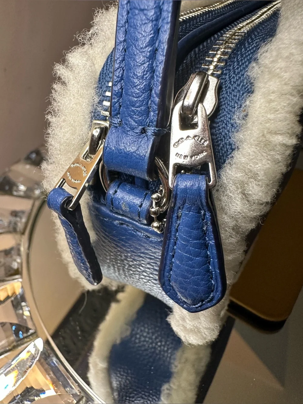 Coach Blue Pebbled Leather Crossbody with White Shearling Trim
